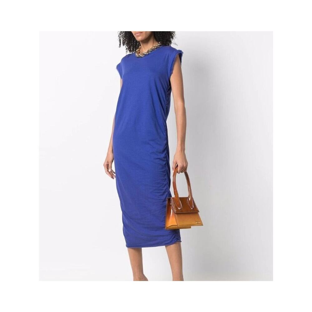 LANVIN Paris Blue Silk Ruched Midi Dress Size M Sleeveless Fringe Hem Luxury
